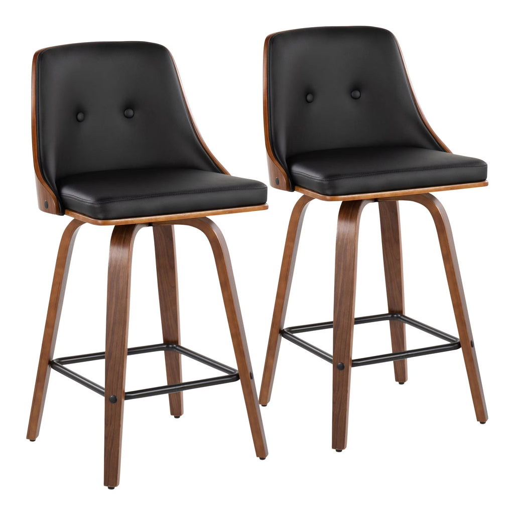 26" Mid-Century Modern Counter Stool in Walnut with Black Faux Leather, Set of 2 O3888
