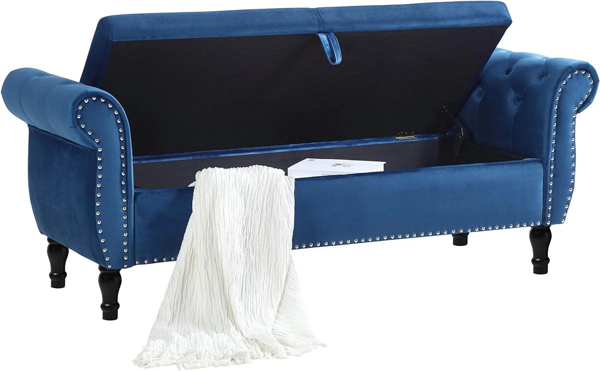 Blue Velvet Storage Bench Ottoman with Solid Wood Legs Z936627