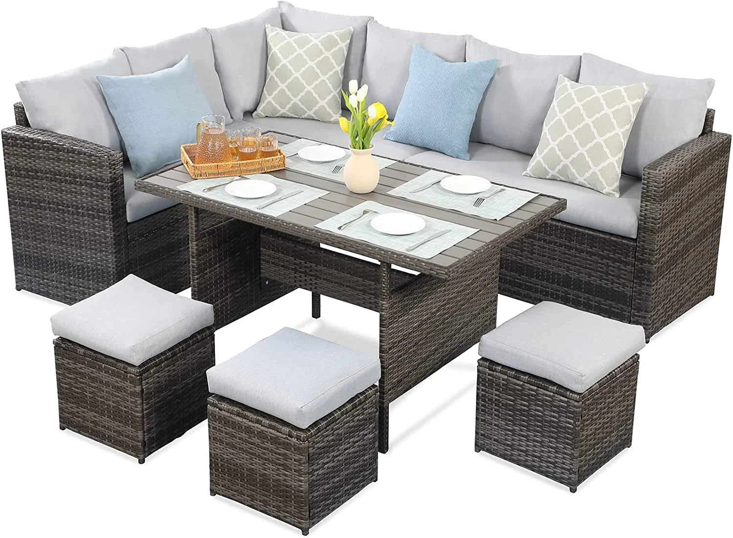 7 Piece Outdoor Dining Sectional Sofa with Dining Table and Chair F9951