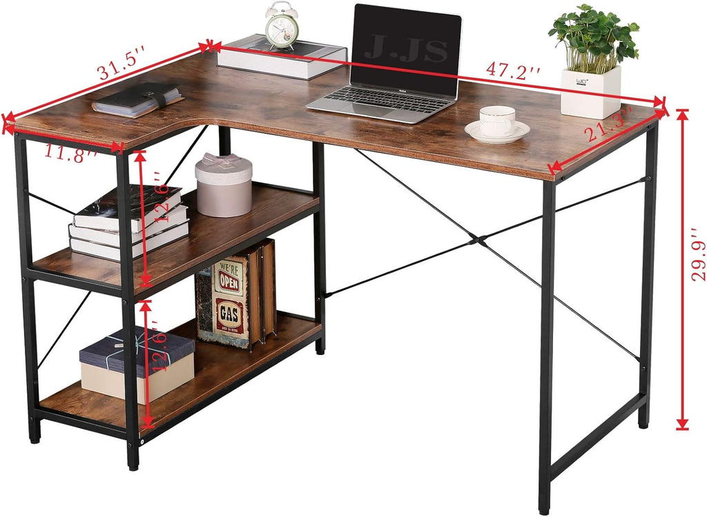 Rustic Brown L-Shaped Corner Computer Desk with Bookcase I487