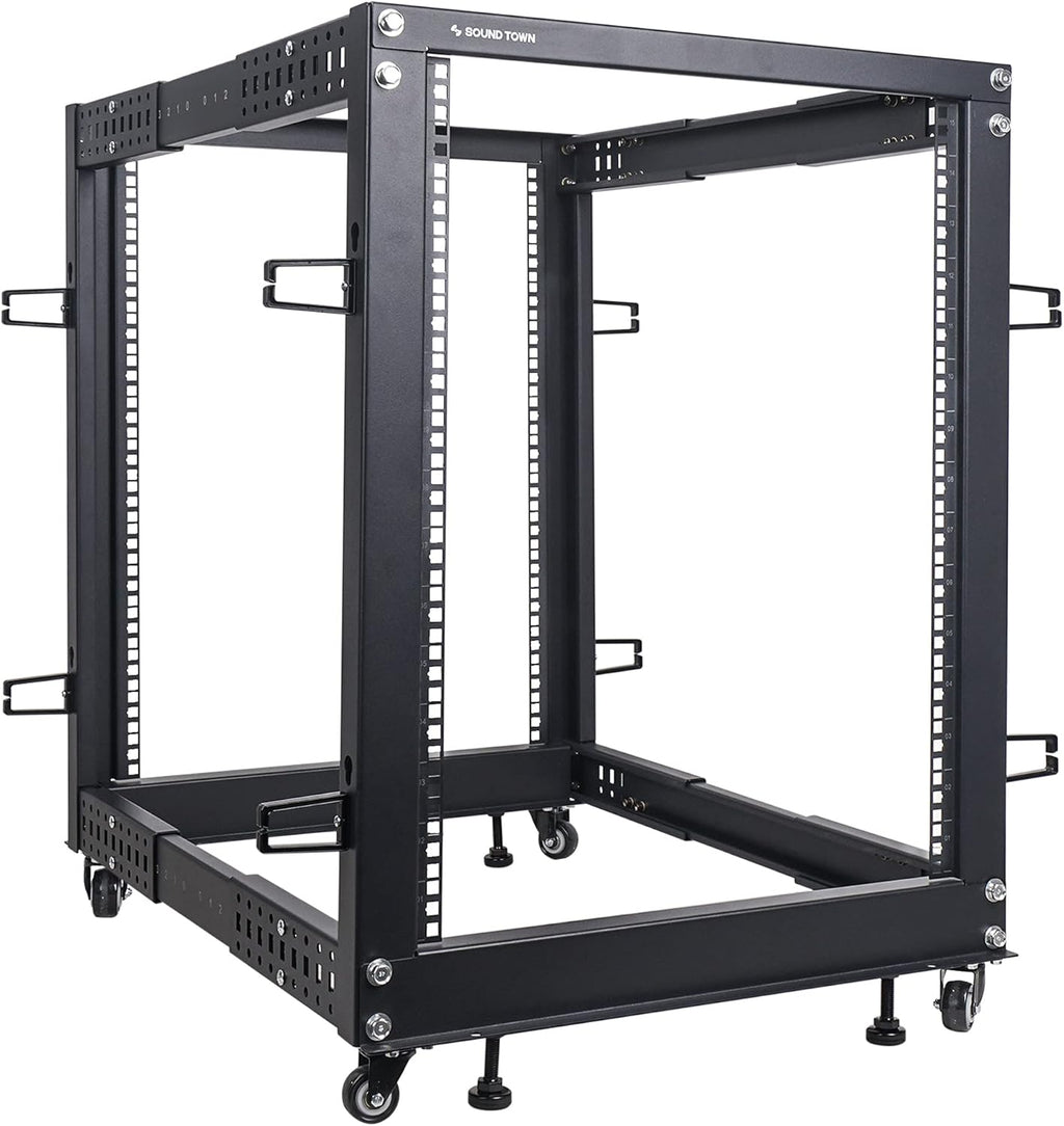 15U Open Frame Server and Network Equipment Rack with Adjustable Depth, Casters, Levelers, Cable Management D554