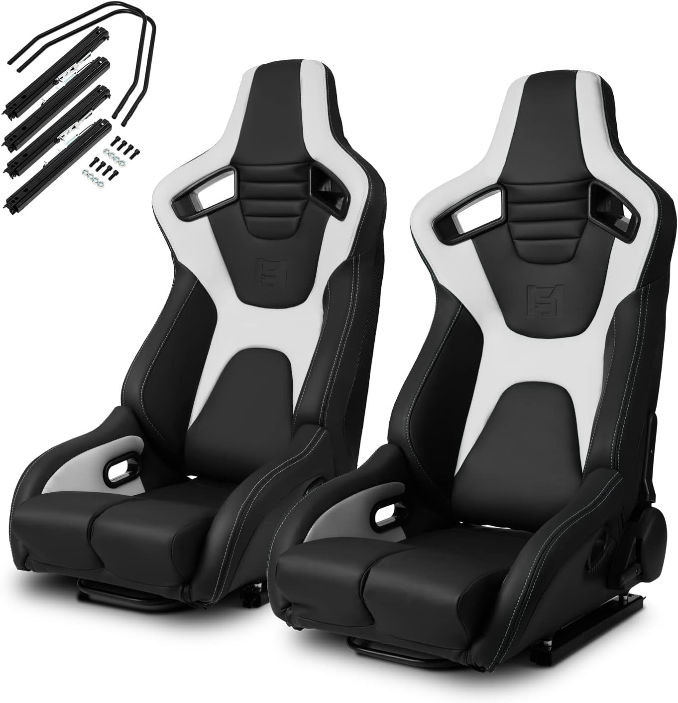 Black Brown PVC Carbon Fiber Leather Reclinable Racing Seats Pair N8340