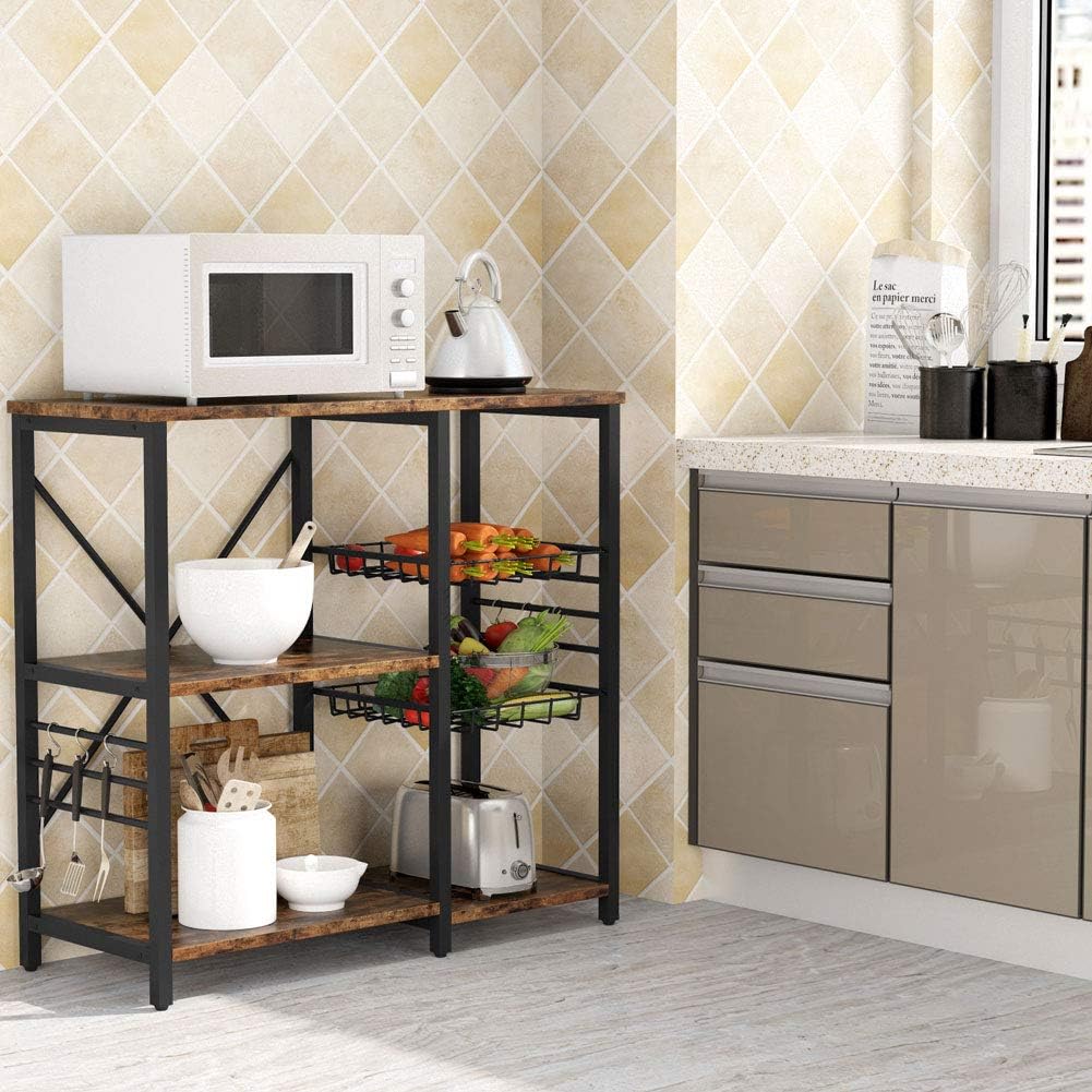 Kitchen Cart Microwave Oven Stand Utility Storage Shelf with Wire Basket and 6 Hooks Q681076