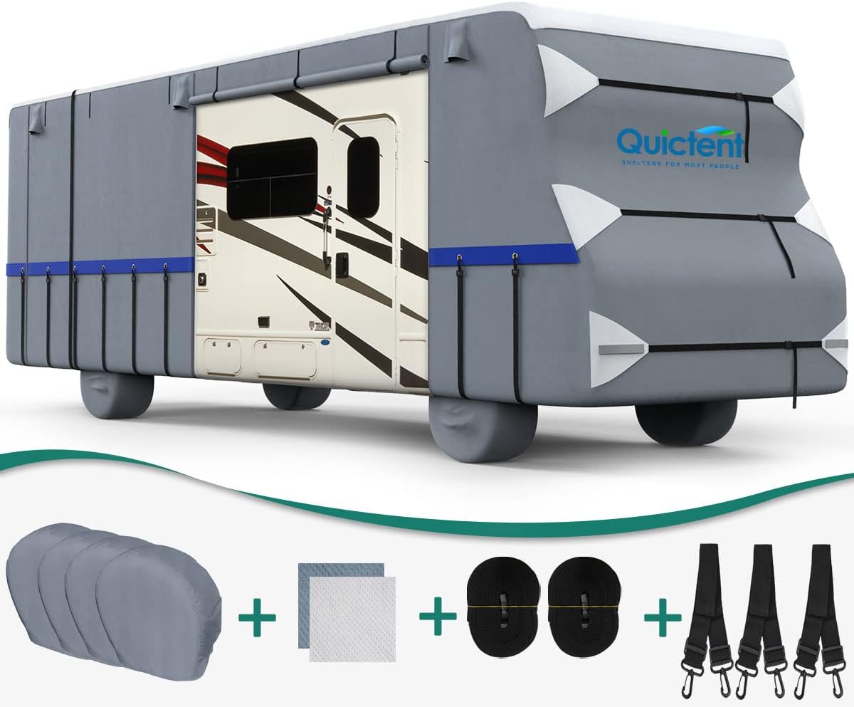 RV Cover, 6-ply Camper Cover, Fits 23-26Ft Motorhome, Breathable Waterproof Rip-Stop Anti-UV with 2 Windproof Straps, 4 Tire Covers Z715278