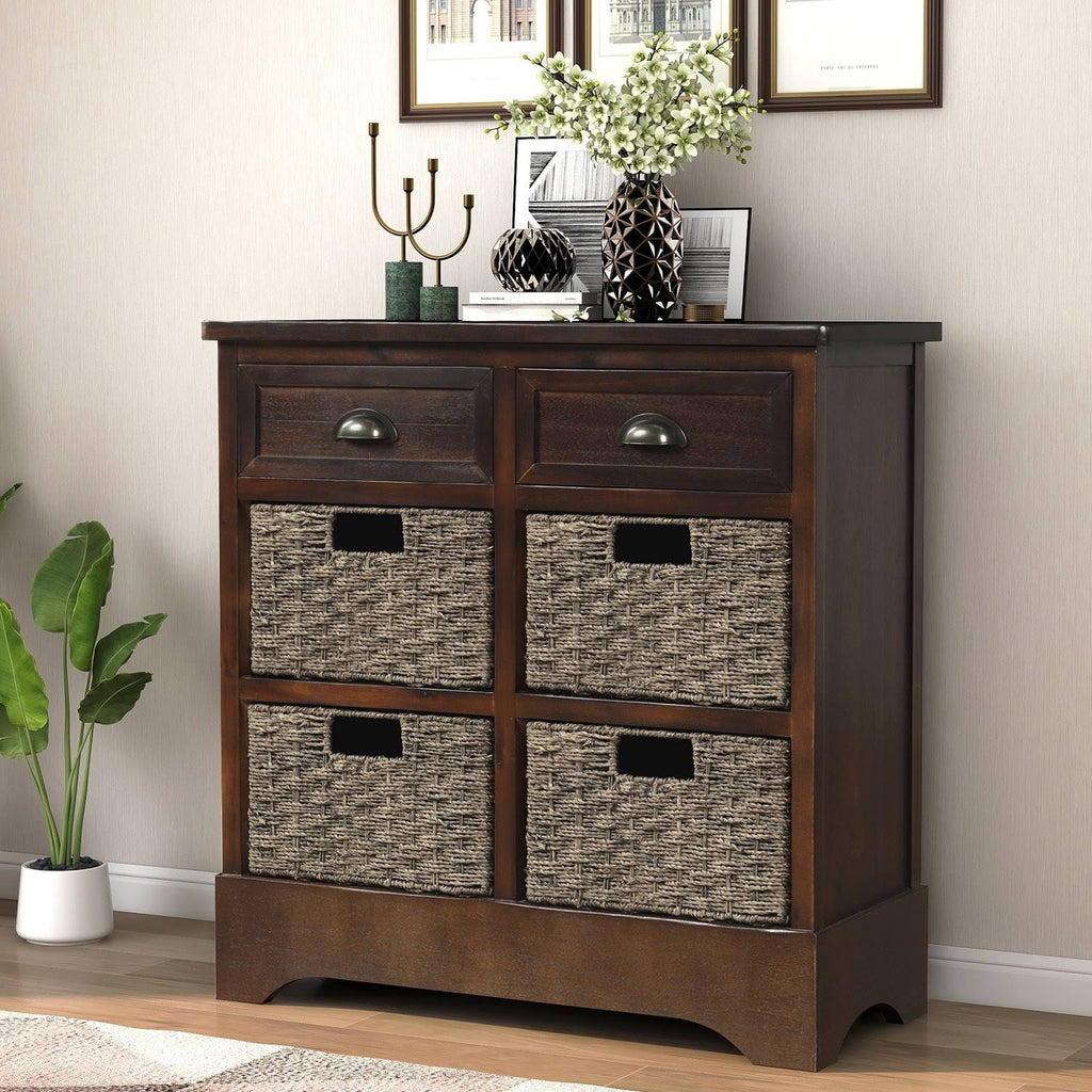 Rustic Storage Cabinet with 2 Drawers and 4 Fabric Basket Espresso P811