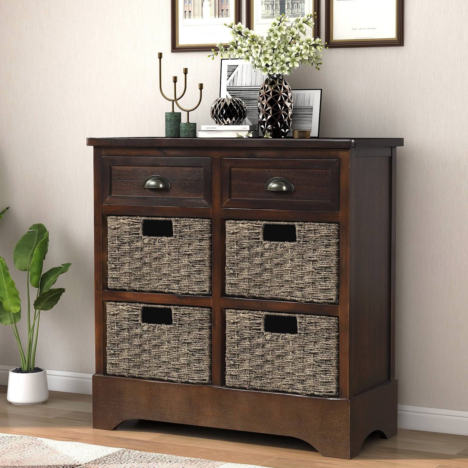 Rustic Storage Cabinet with 2 Drawers and 4 Fabric Basket Espresso P811