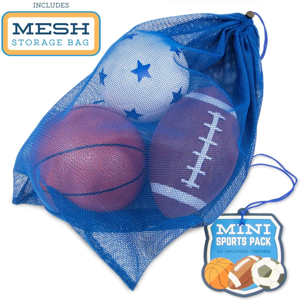 Mini Sports Pack: Inflatable Football, Soccer Ball, Basketball in Mini Mesh Bag T307652