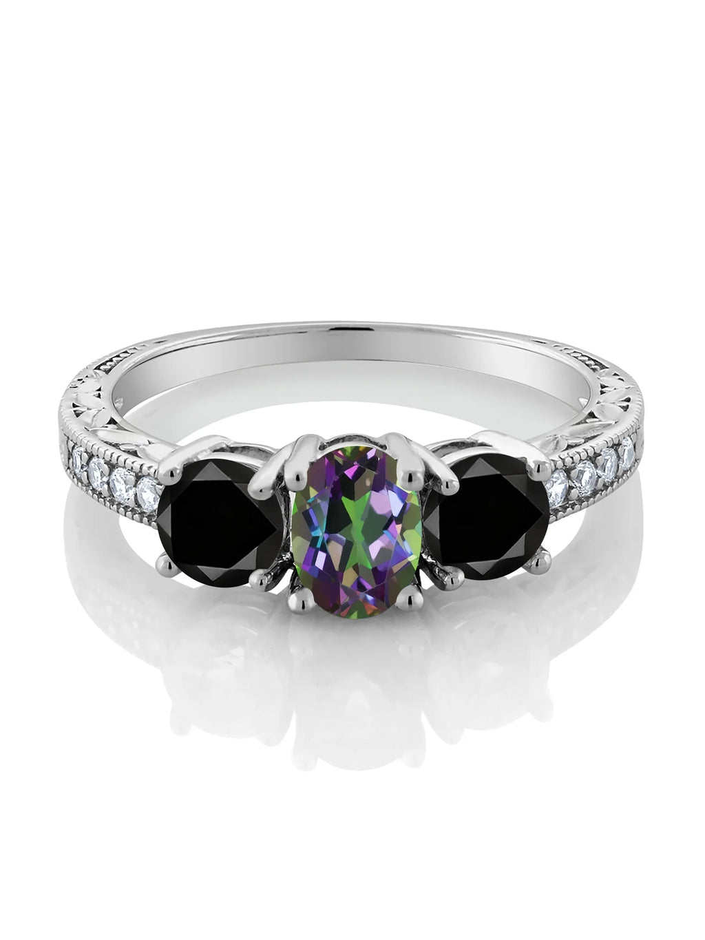 Oval Green Mystic Topaz Black Diamond 925 Sterling Silver Ring S61102