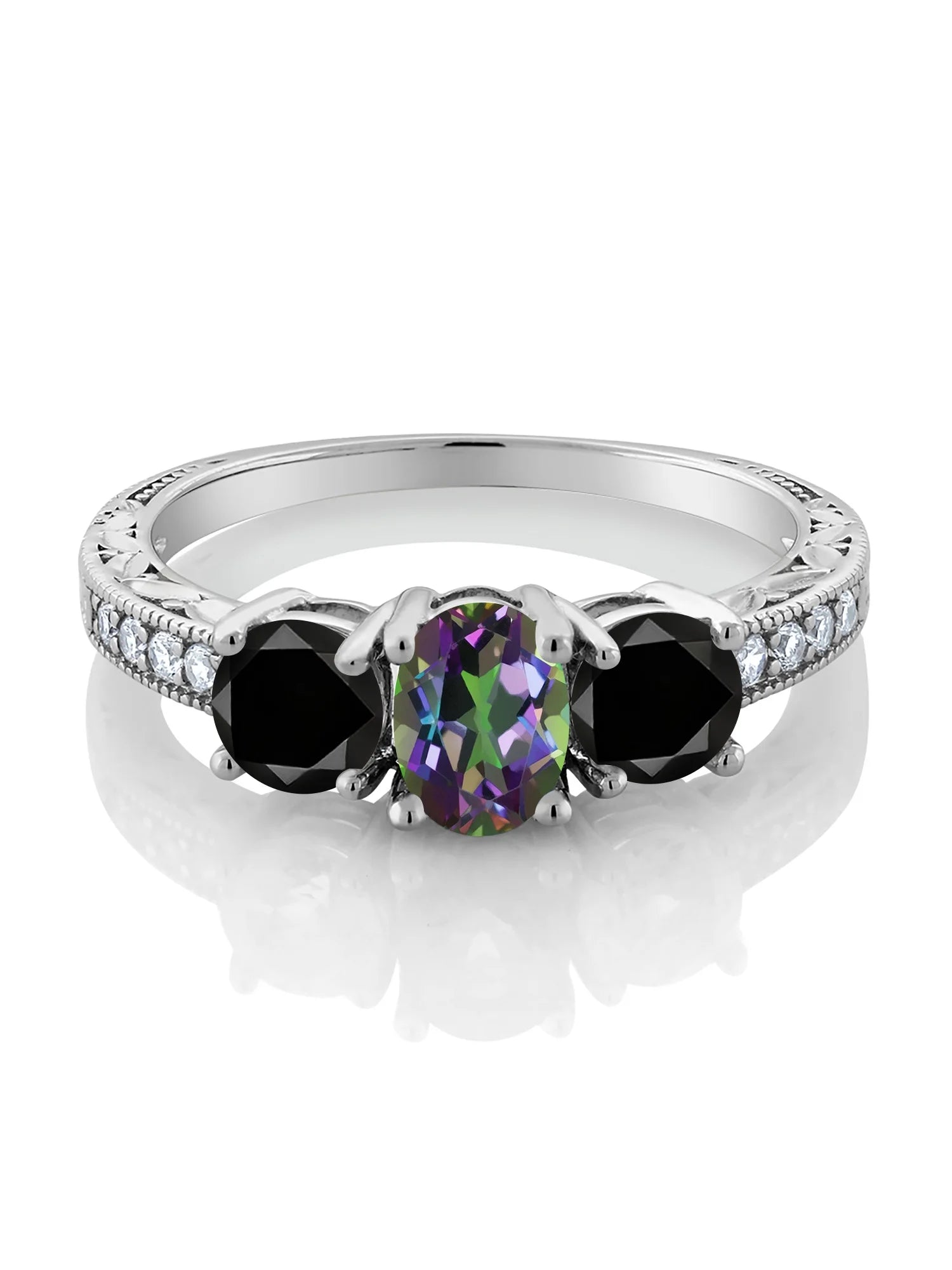 Oval Green Mystic Topaz Black Diamond 925 Sterling Silver Ring S61102