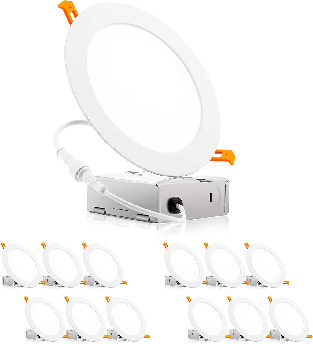 12 Pack 6 Inch Ultra-Thin LED Recessed Ceiling Light with Junction Box, 12W, Dimmable, 3000K A160