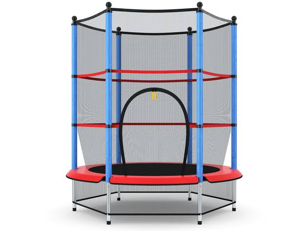 Red and Black Youth Round Trampoline with Safety Pad Enclosure J178589