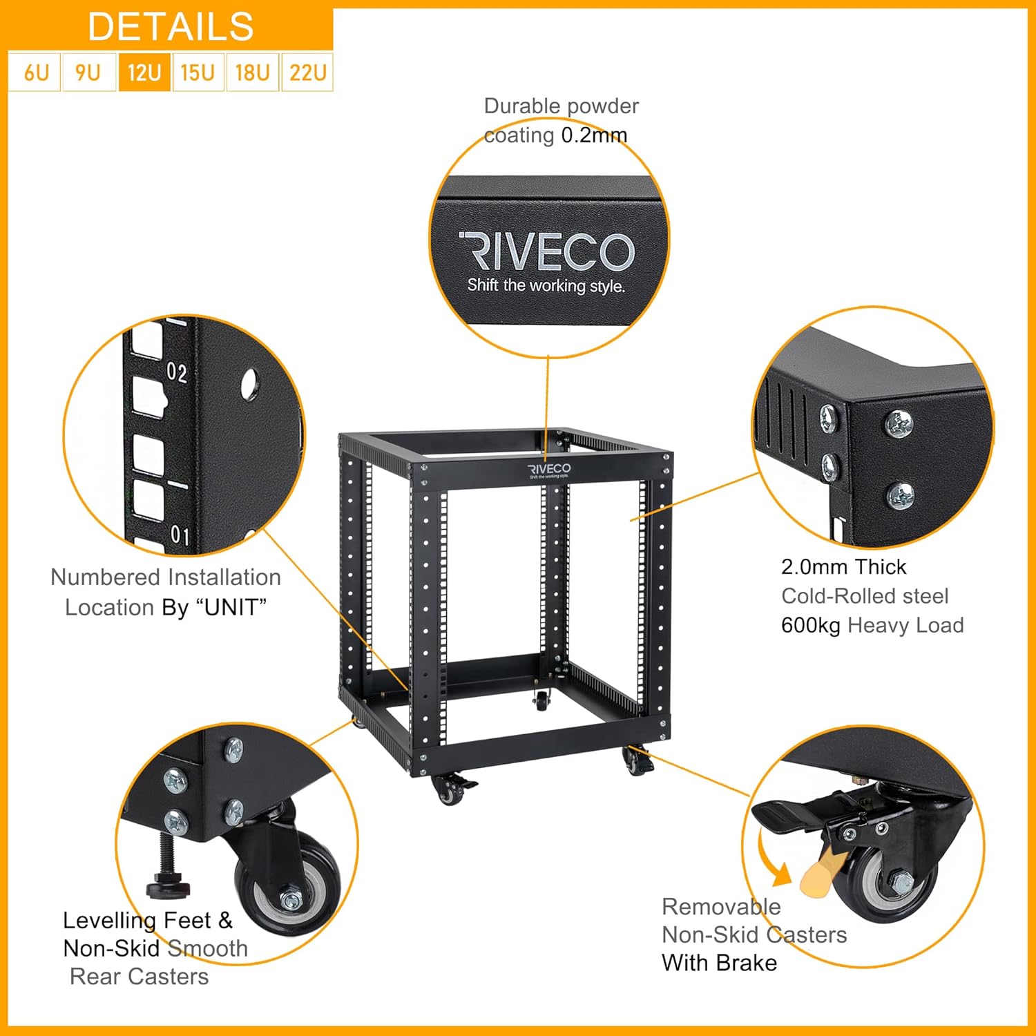 12U Open Frame Server Rack with Casters Black P747869