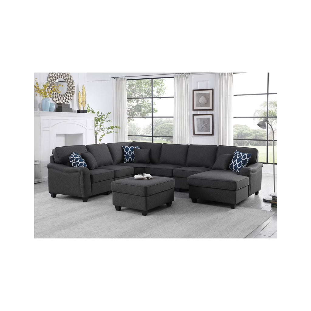 Dark Gray Linen 7Pc Modular Sectional Sofa Chaise and Ottoman I78123