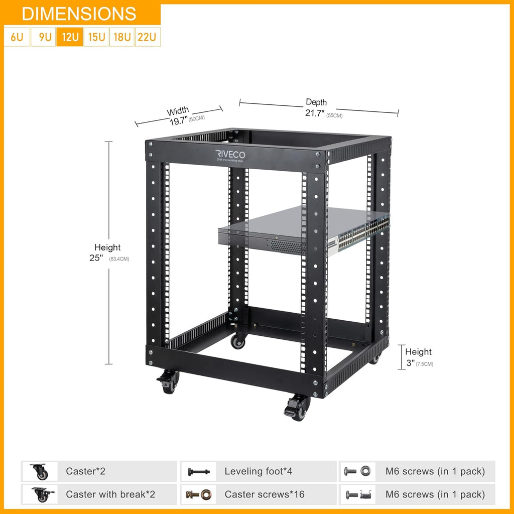 12U Open Frame Server Rack with Casters Black P747869