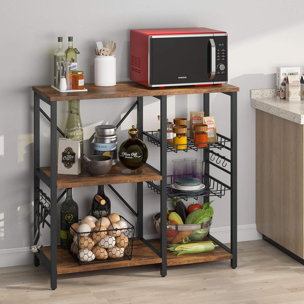 Kitchen Cart Microwave Oven Stand Utility Storage Shelf with Wire Basket and 6 Hooks Q681076