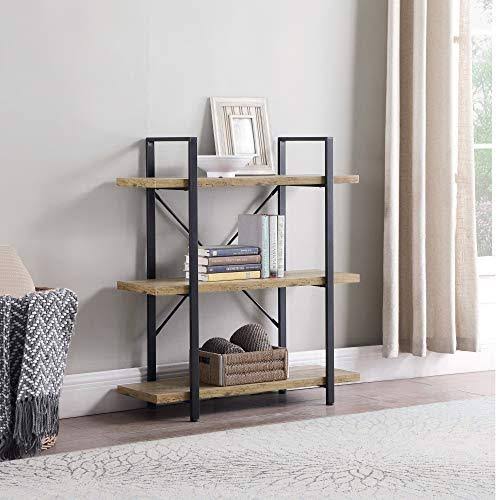 Rustic Oak 3 Shelves Wood & Metal Bookshelf J87042
