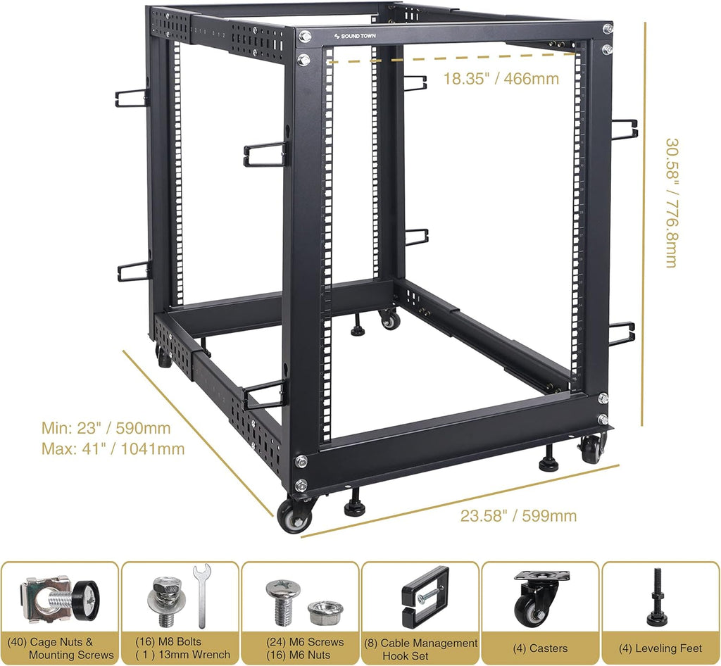 15U Open Frame Server and Network Equipment Rack with Adjustable Depth, Casters, Levelers, Cable Management D554