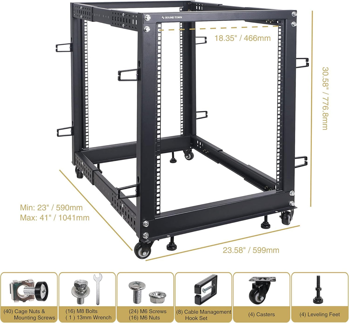 15U Open Frame Server and Network Equipment Rack with Adjustable Depth, Casters, Levelers, Cable Management D554
