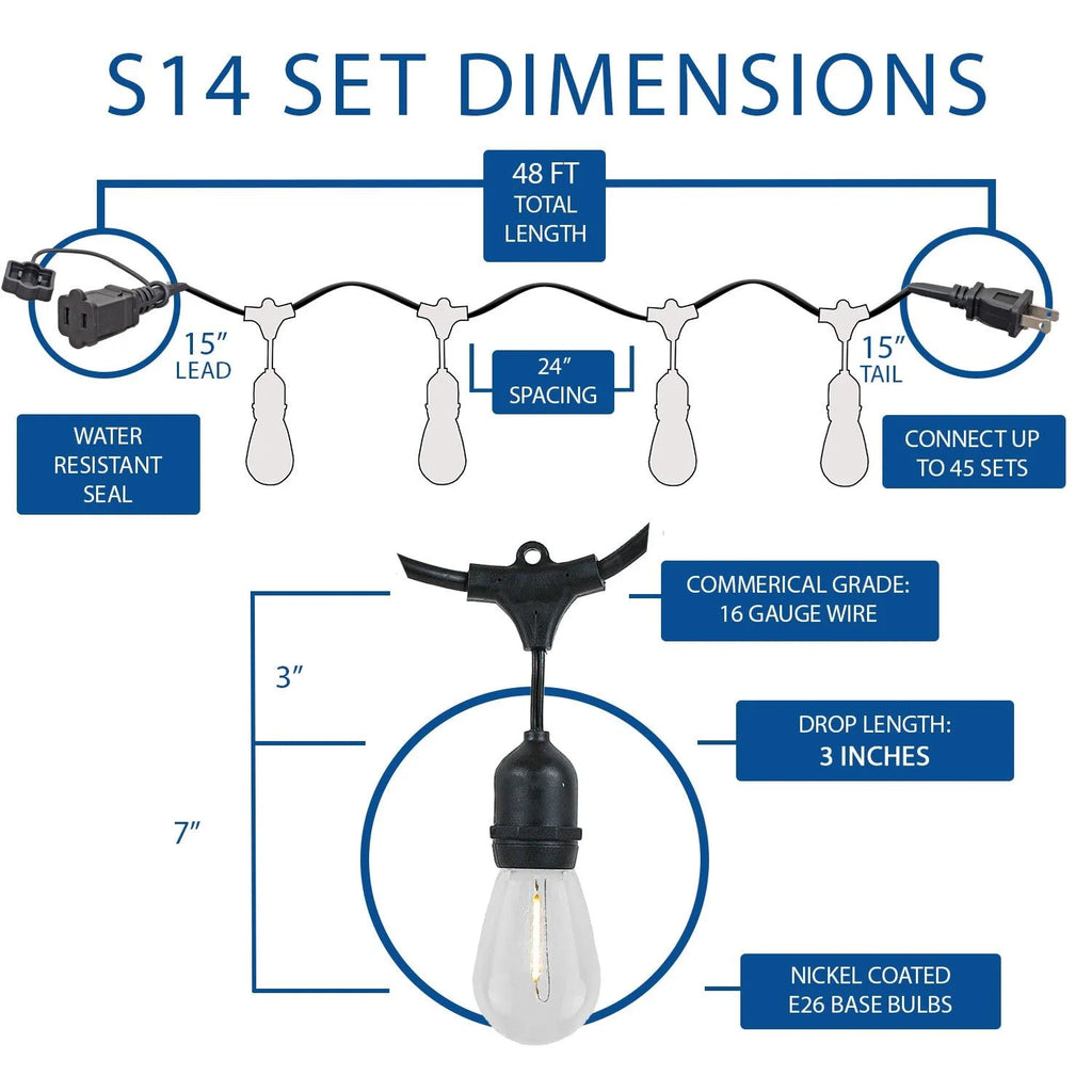 48' Warm White LED Filament S14 Outdoor String Lights, 24 Sockets Z74237