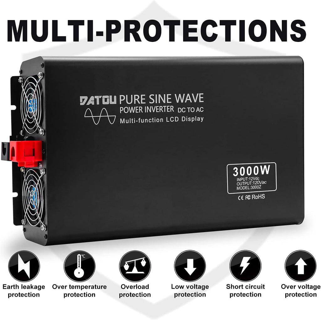3000W Peak 6000W Pure Sine Wave Power Inverter DC 12V to AC 120V with 2 AC Outlets LCD Display O2096