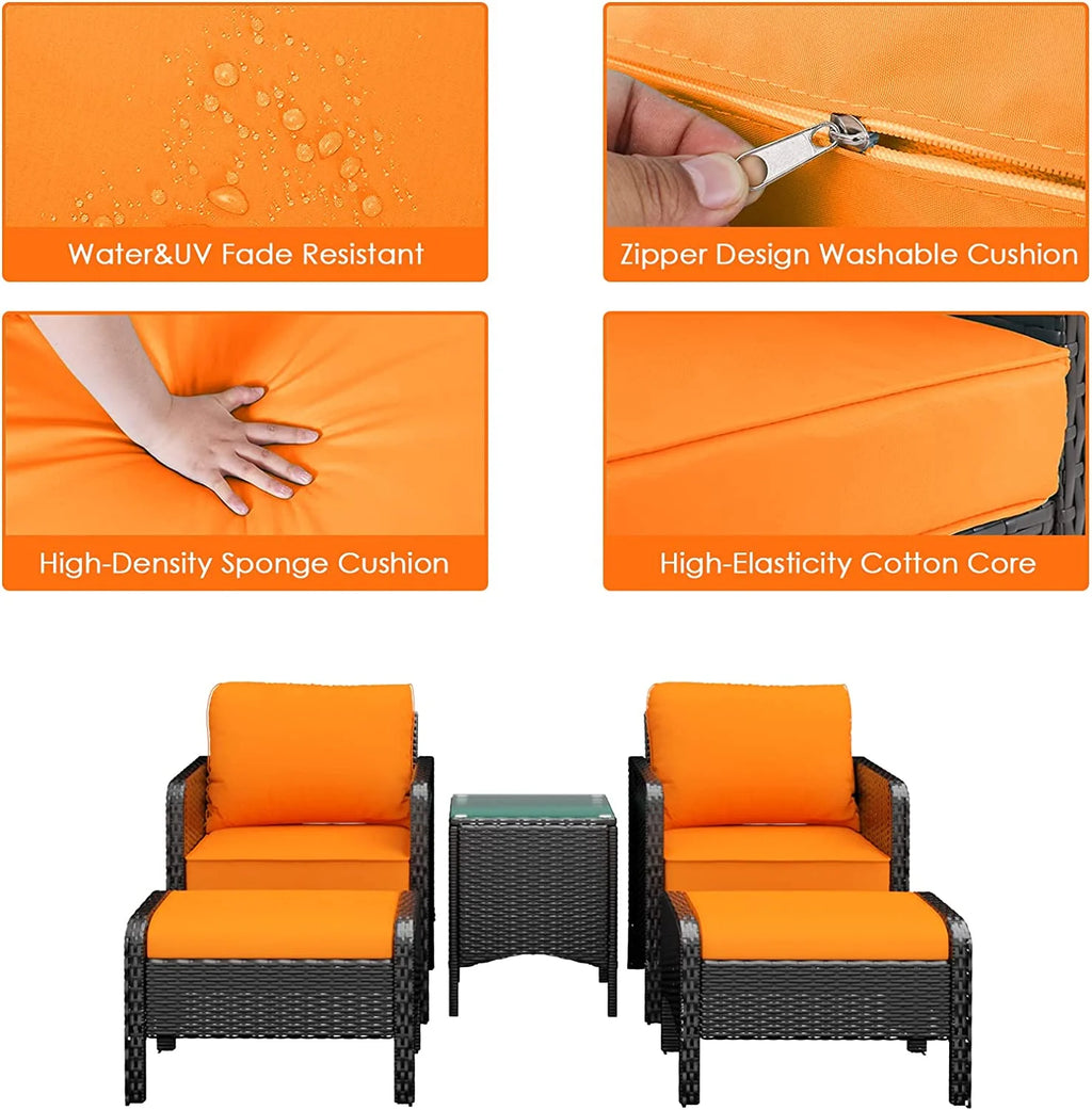 5 Pieces PE Rattan Wicker Outdoor Cushioned Lounge Chairs Set with Ottomans and Glass Table J831