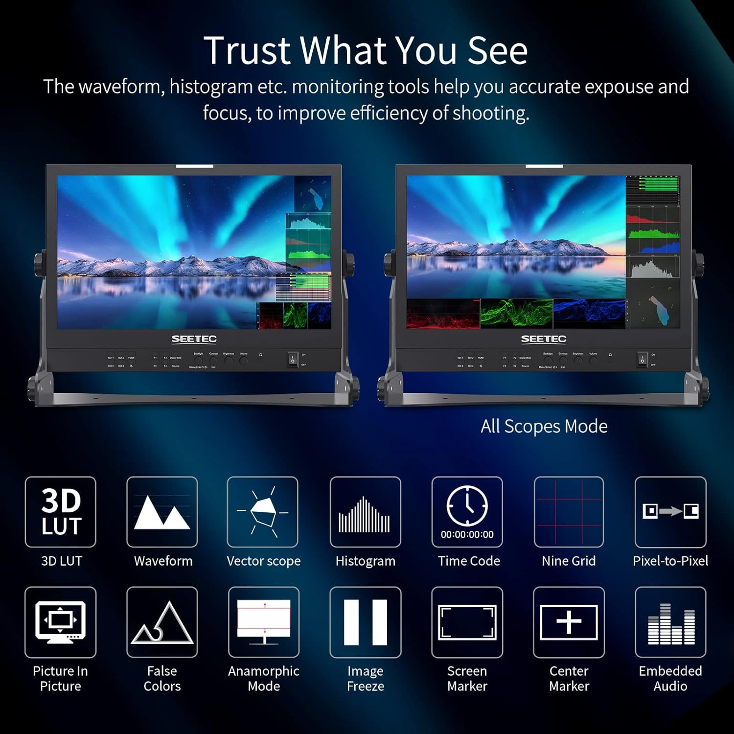 15.6 inch Multi Camera Broadcast Production Monitor with Waveform LUT HDR 4X3G SDI Inputs and Outputs HDMI RS485 Full HD 1920x1080 M36930