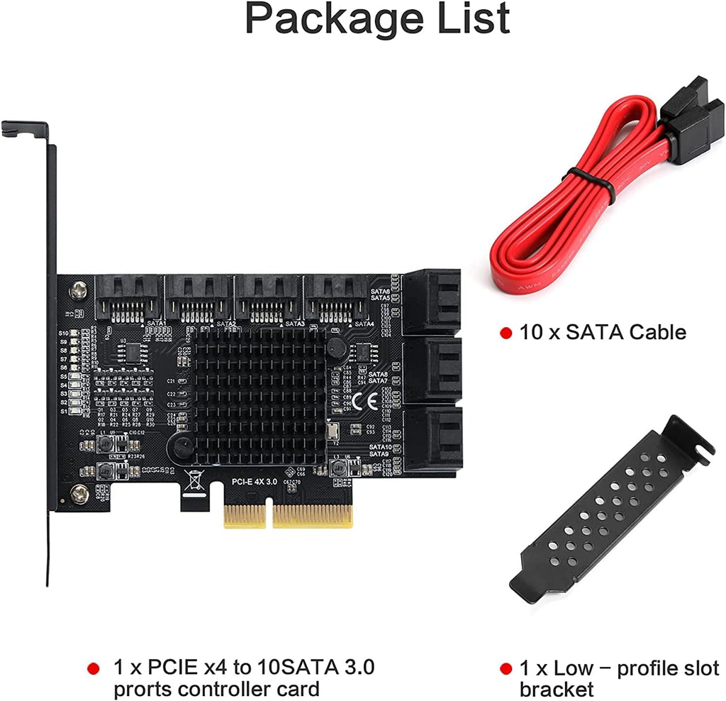 PCIE 4X SATA Card 10 Ports, 6 Gbps SATA 3.0 Controller PCIe Expansion Card, Non-Raid, with Low Profile Bracket and 10 SATA Cables Q713