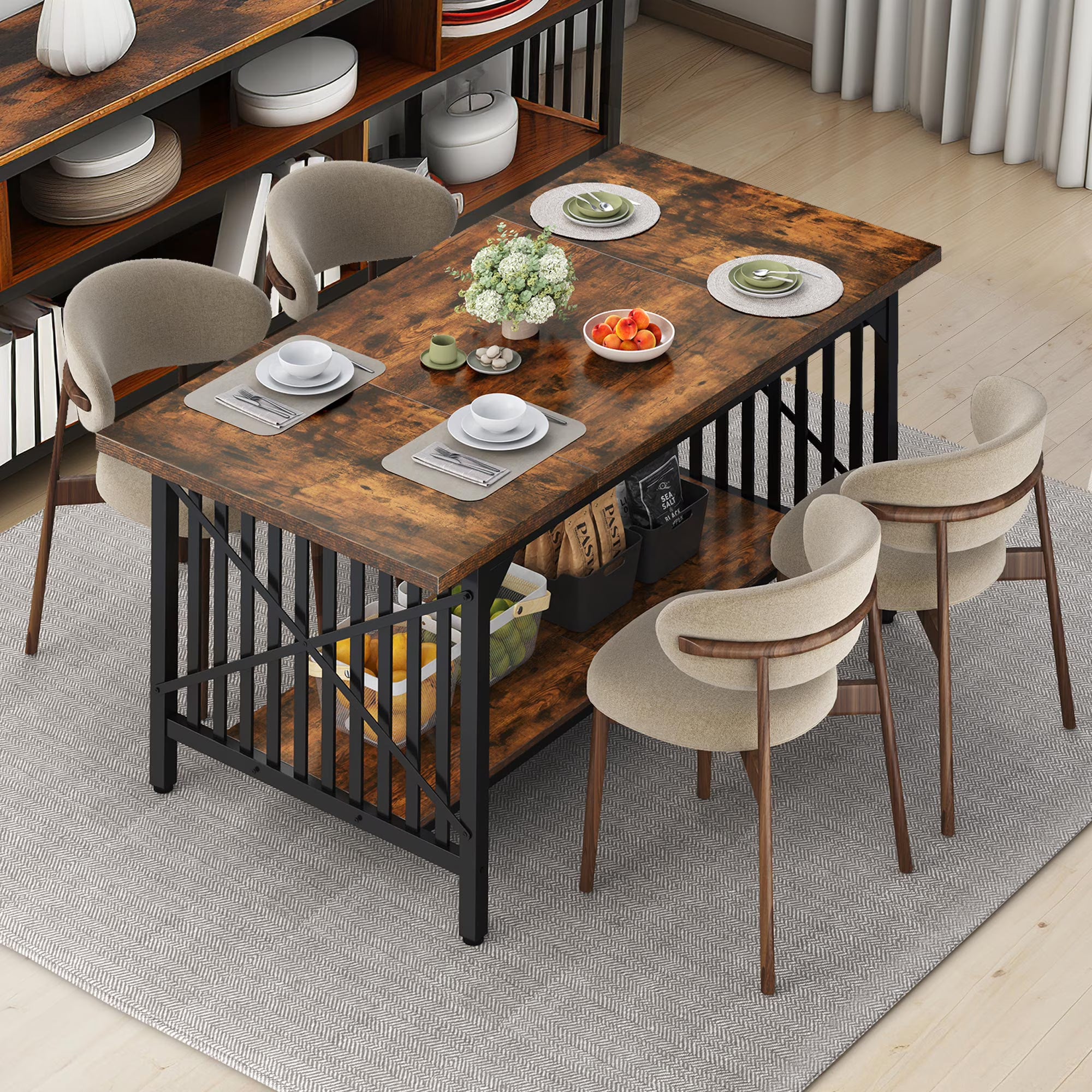 Rustic Brown Industrial Rectangular Wood Dining Table with Storage B2326