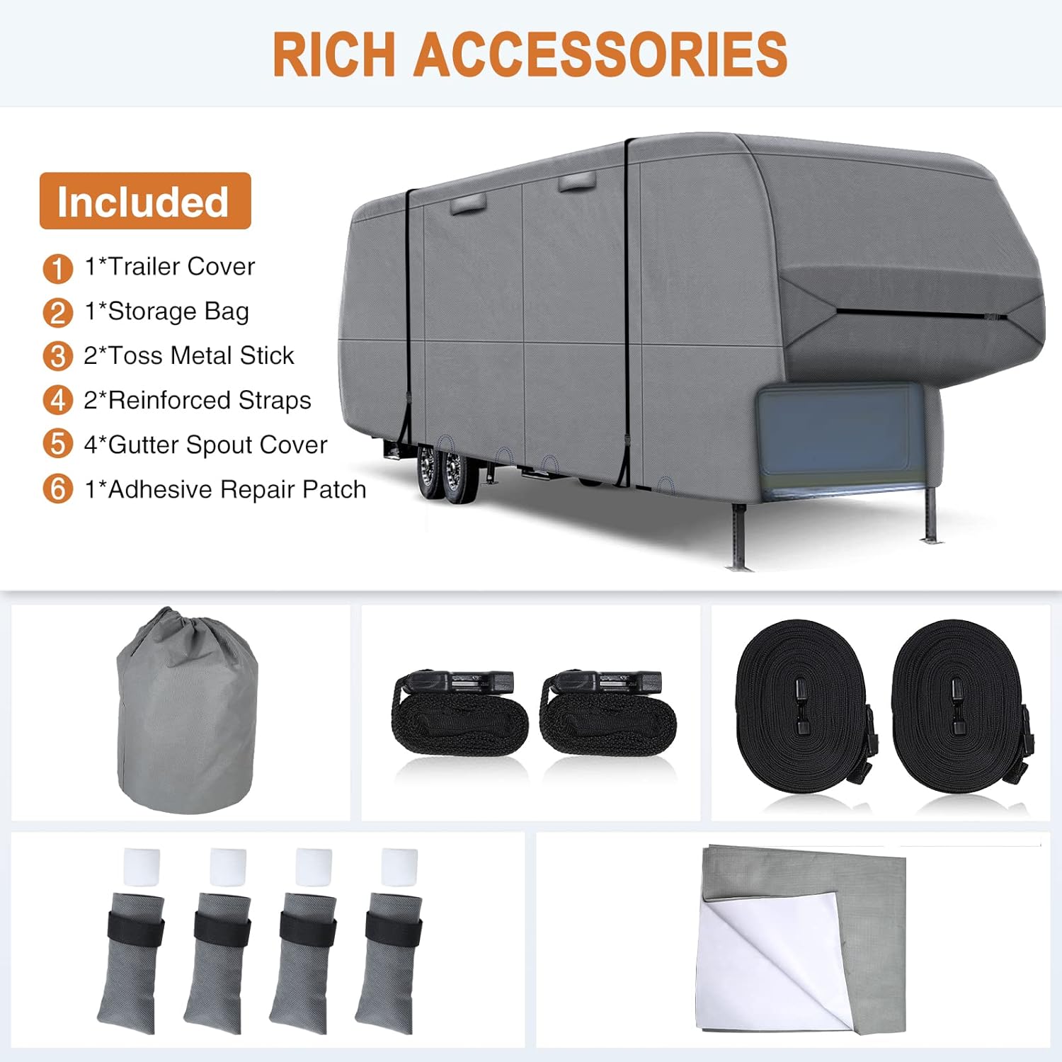 5th Wheel RV Cover with 4 Gutter Spout Covers and 2 Windproof Straps B1755