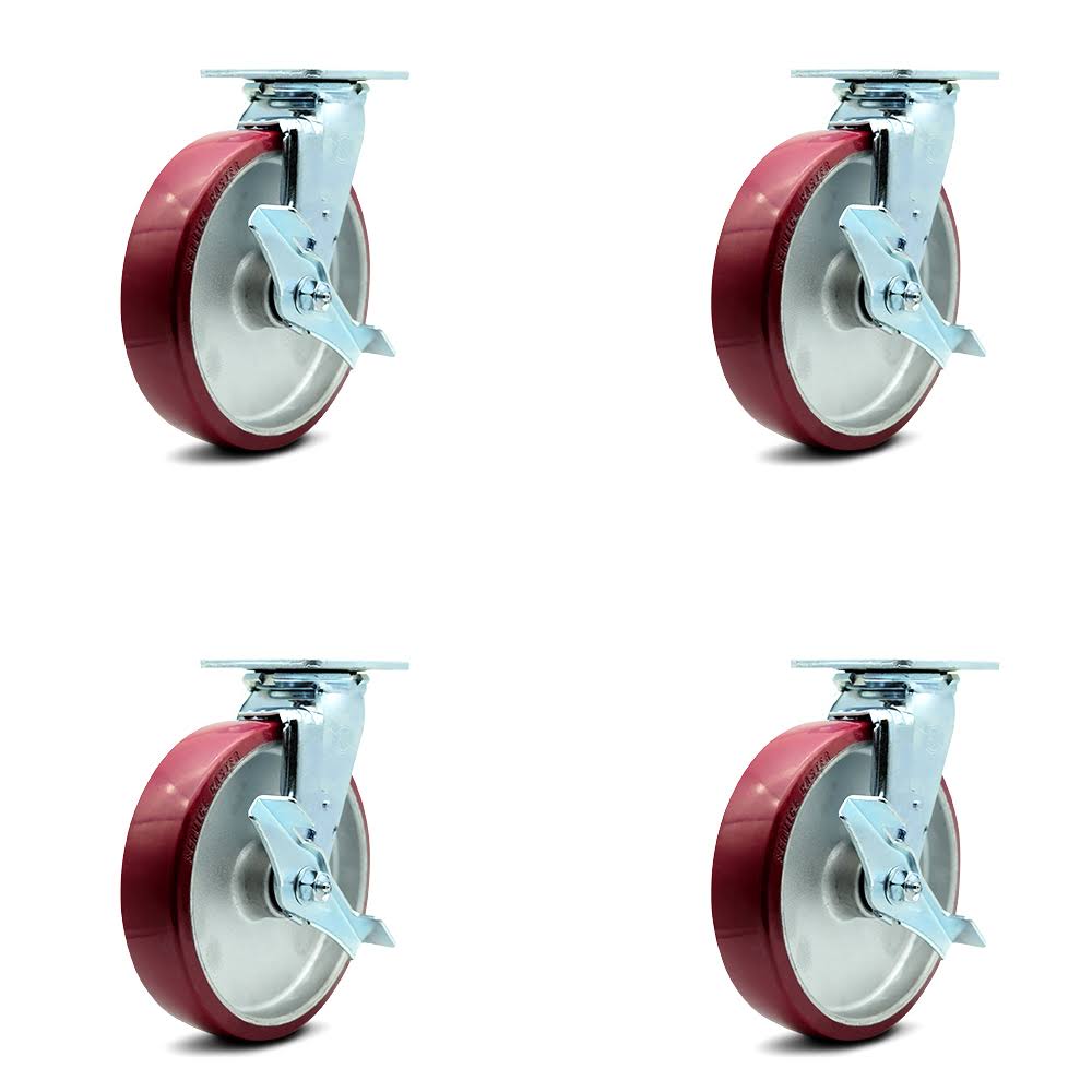 Set of 4 Polyurethane on Aluminum Wheel Swivel Casters with Brakes U9868