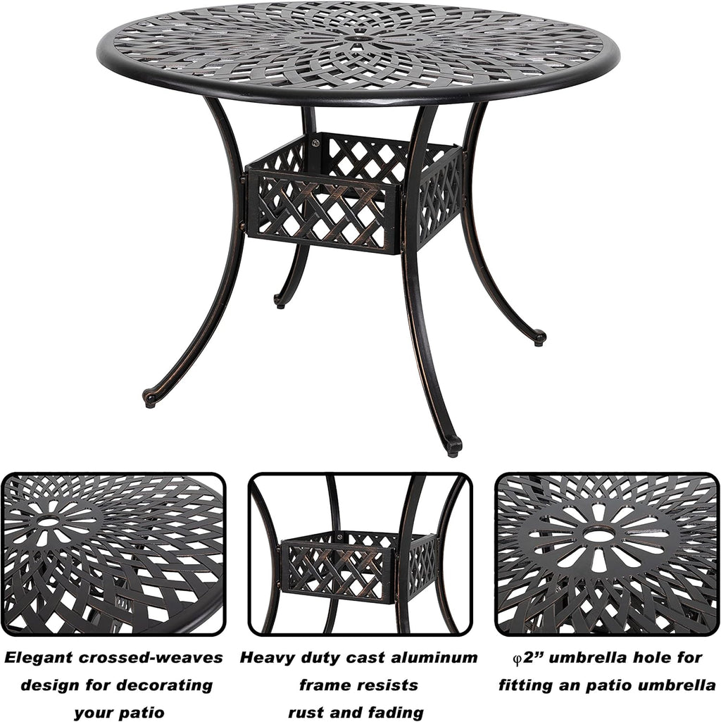 Black 42 Inch Round Cast Aluminum Patio Dining Table with Umbrella Hole L857