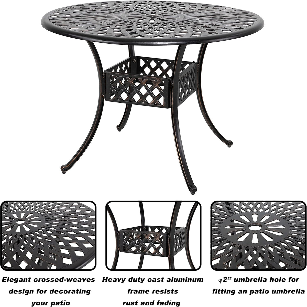Black 42 Inch Round Cast Aluminum Patio Dining Table with Umbrella Hole L857