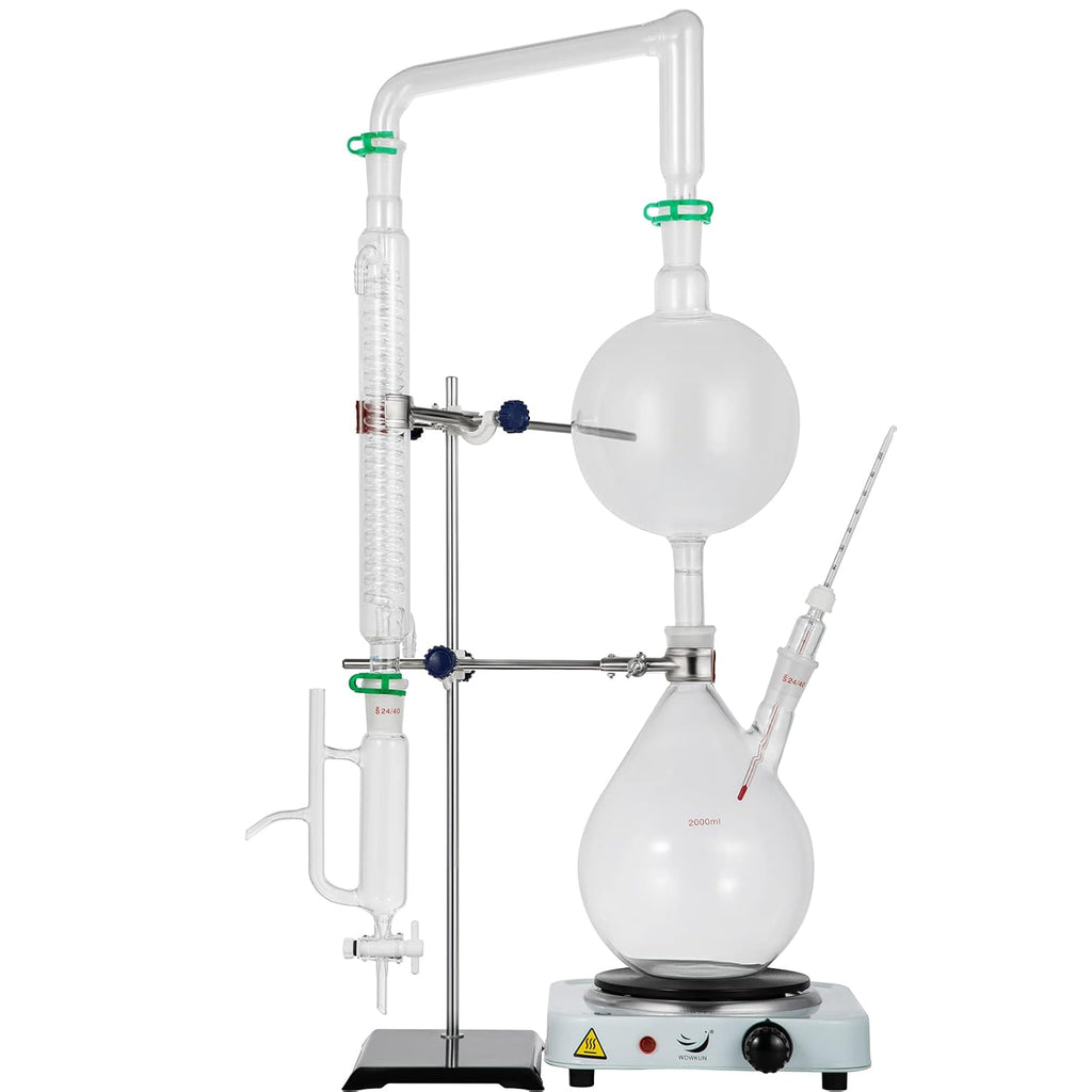 2L Essential Oil Distillation Apparatus Glassware Distillation Kit Water Distiller Purifier with Condenser I4949