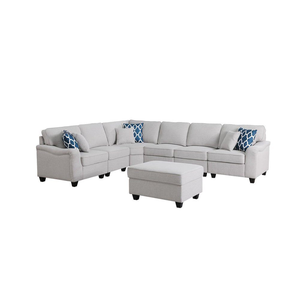 Dark Gray Linen 7Pc Modular Sectional Sofa Chaise and Ottoman I78123