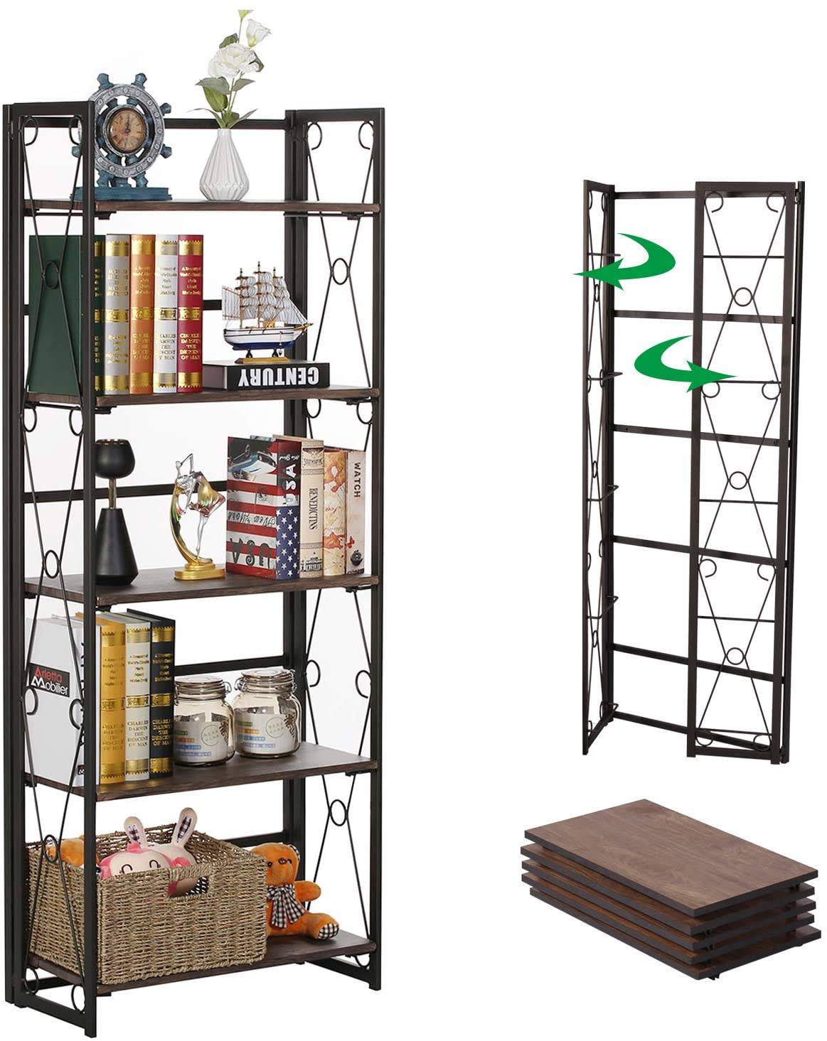 5 Shelf Folding Bookshelf with Metal Frame, Brown N35276