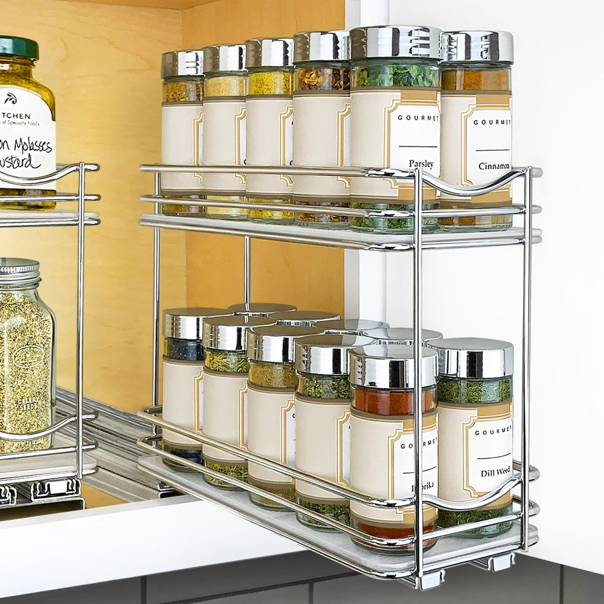2 Tier Sliding Drawer Shelf Spice Rack Organizer, Brown E16468