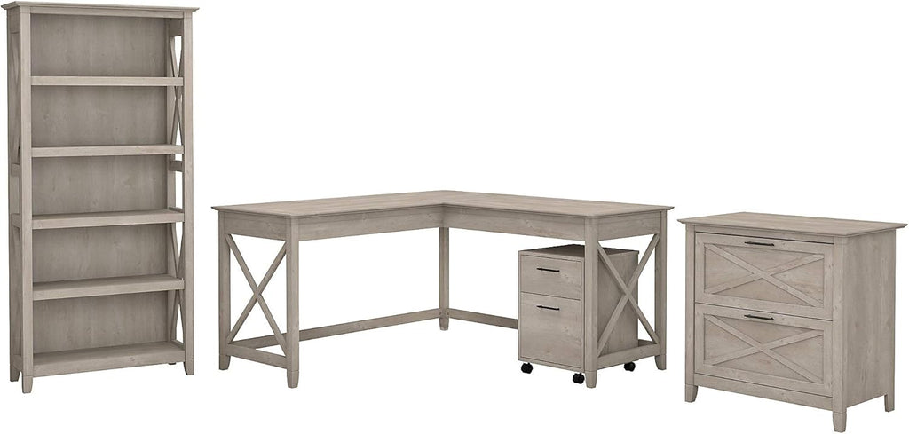 60W L Shaped Desk with File Cabinets and 5 Shelf Bookcase X83078