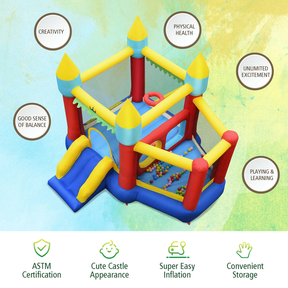 Inflatable Bounce House Slide with Tunnels Ball Pit & 480W Blower S159829