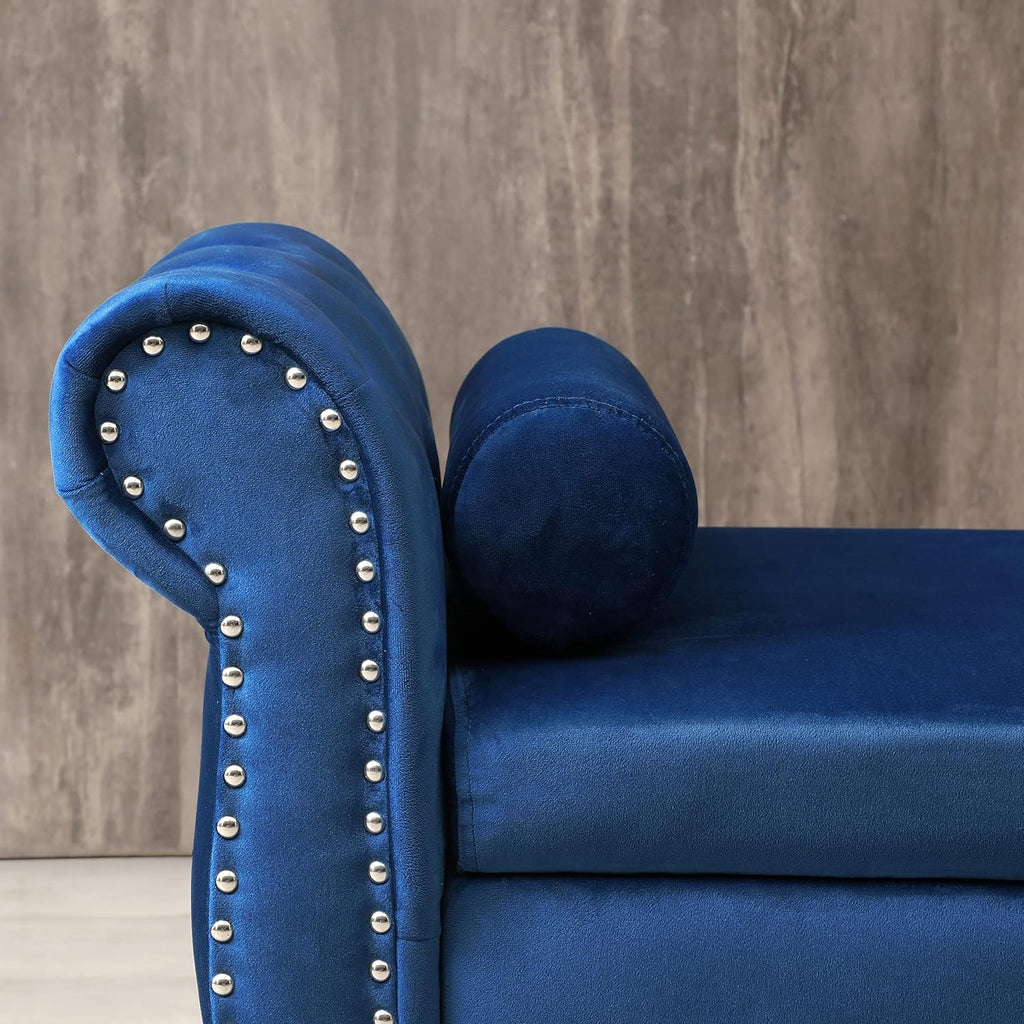 Blue Velvet Storage Bench Ottoman with Solid Wood Legs Z936627