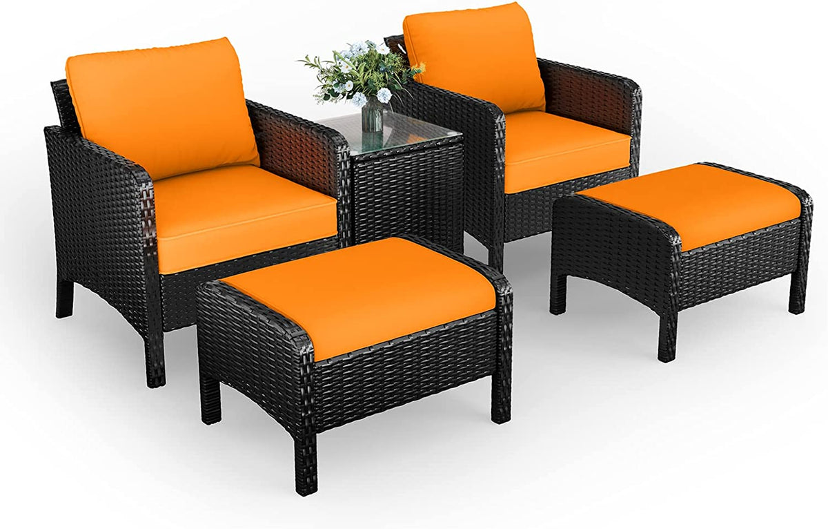 5 Pieces PE Rattan Wicker Outdoor Cushioned Lounge Chairs Set with Ottomans and Glass Table J831
