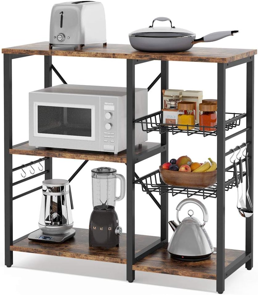 Kitchen Cart Microwave Oven Stand Utility Storage Shelf with Wire Basket and 6 Hooks Q681076