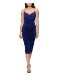 Navy Ruched Zippered Molded Cups Lined Spaghetti Strap Sweetheart Neckline Midi Body Con Dress G622