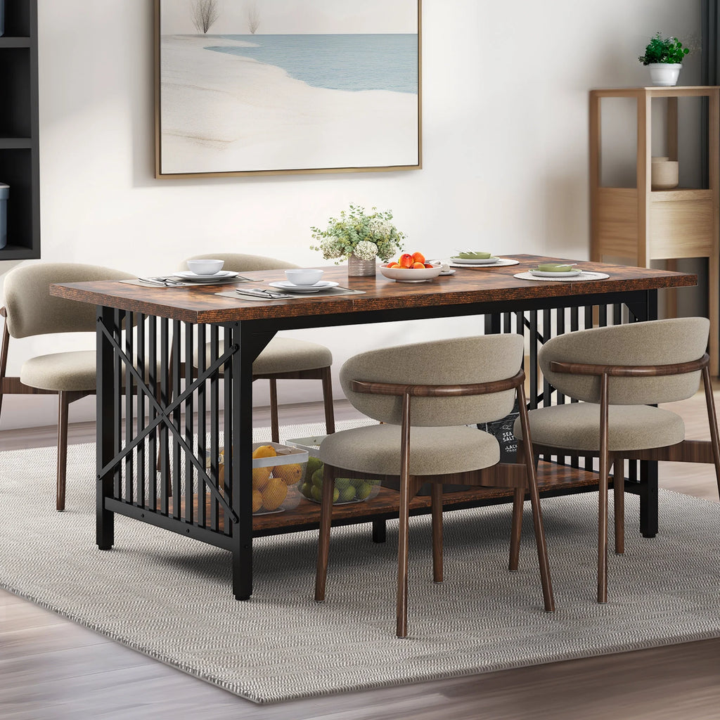 Rustic Brown Industrial Rectangular Wood Dining Table with Storage B2326