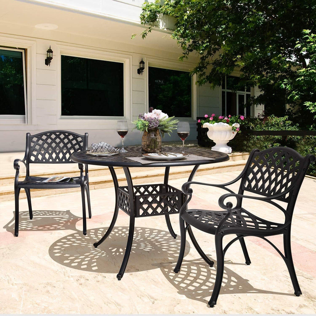 Black 42 Inch Round Cast Aluminum Patio Dining Table with Umbrella Hole L857