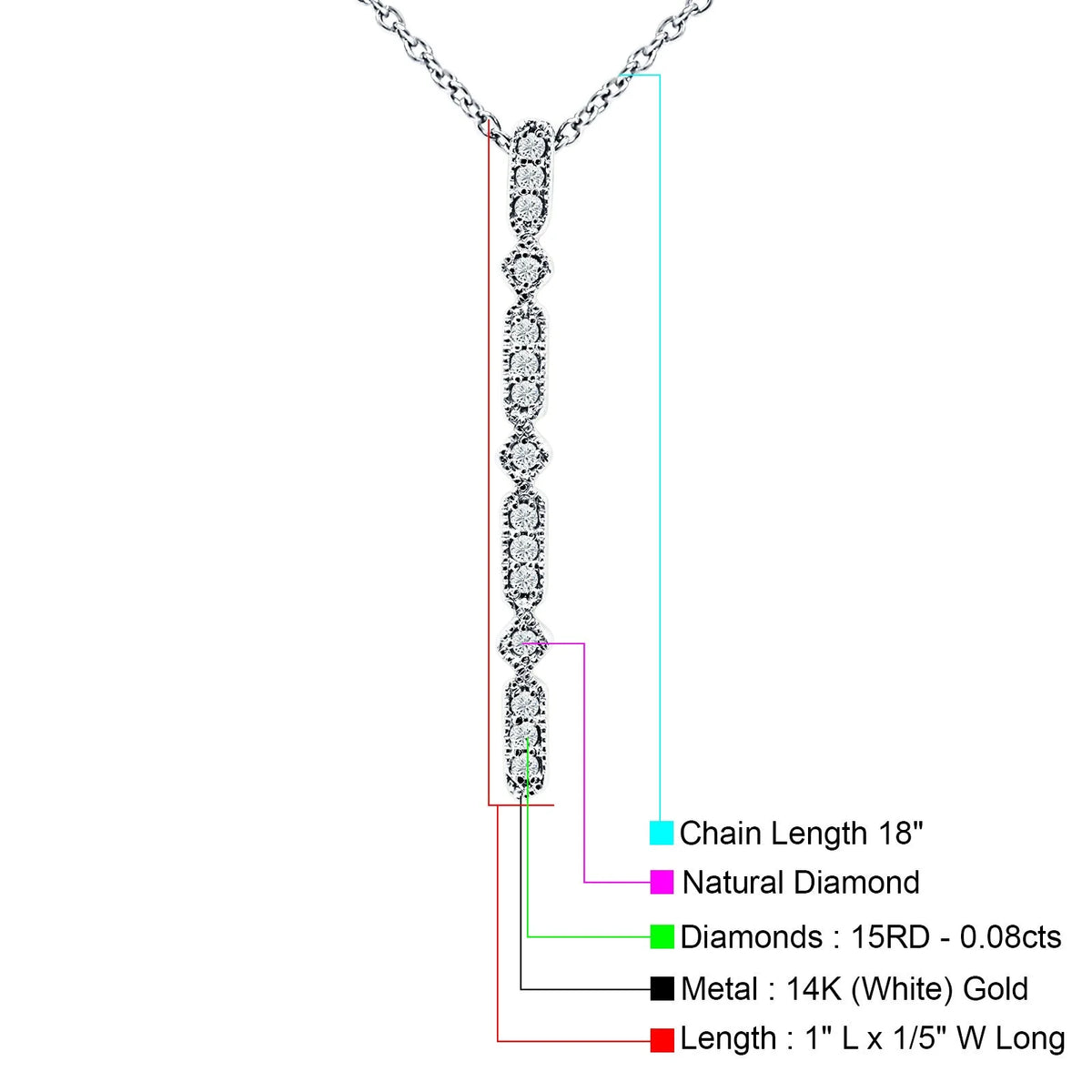 14K White Gold Diamond Drop Bar Pendant Necklace 18" M885835