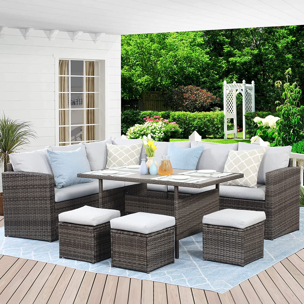 7 Piece Outdoor Dining Sectional Sofa with Dining Table and Chair F9951