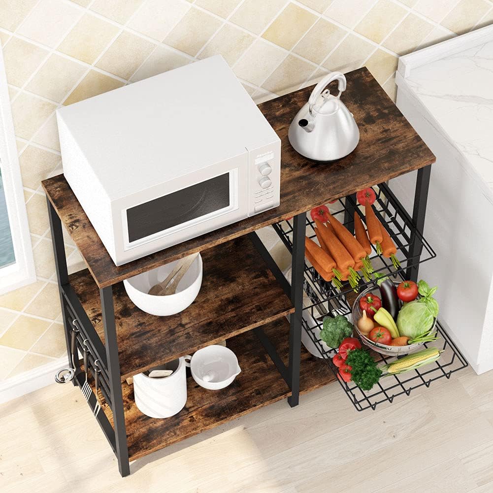 Kitchen Cart Microwave Oven Stand Utility Storage Shelf with Wire Basket and 6 Hooks Q681076