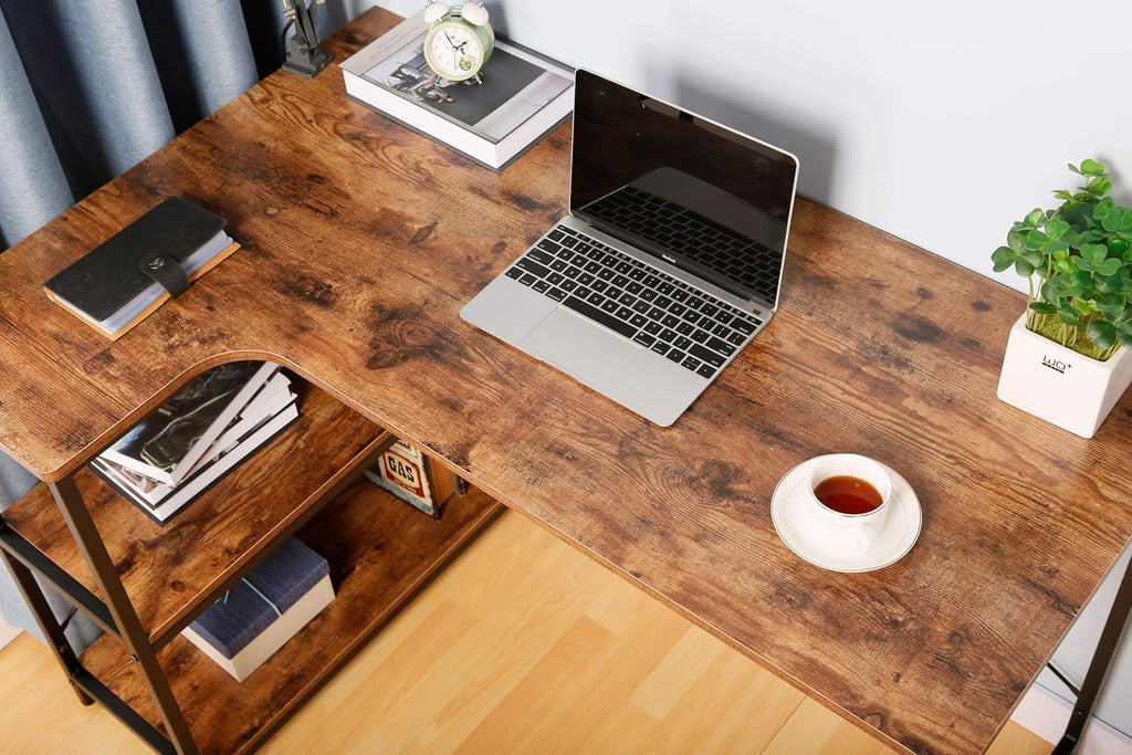 Rustic Brown L-Shaped Corner Computer Desk with Bookcase I487