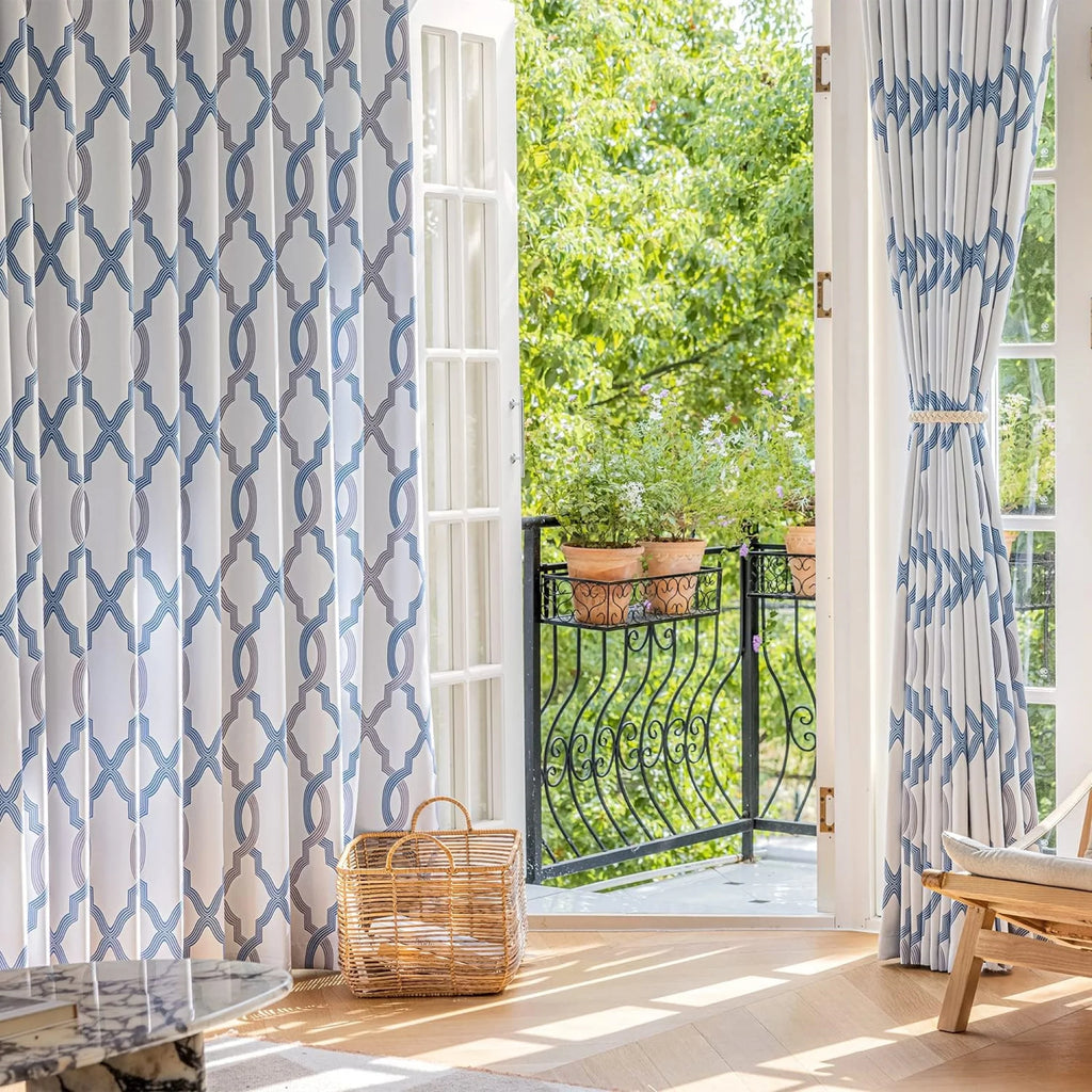 Blue White Geometric Blackout Curtain Panel, Back Tab, 52"x 84"x 2 P8931