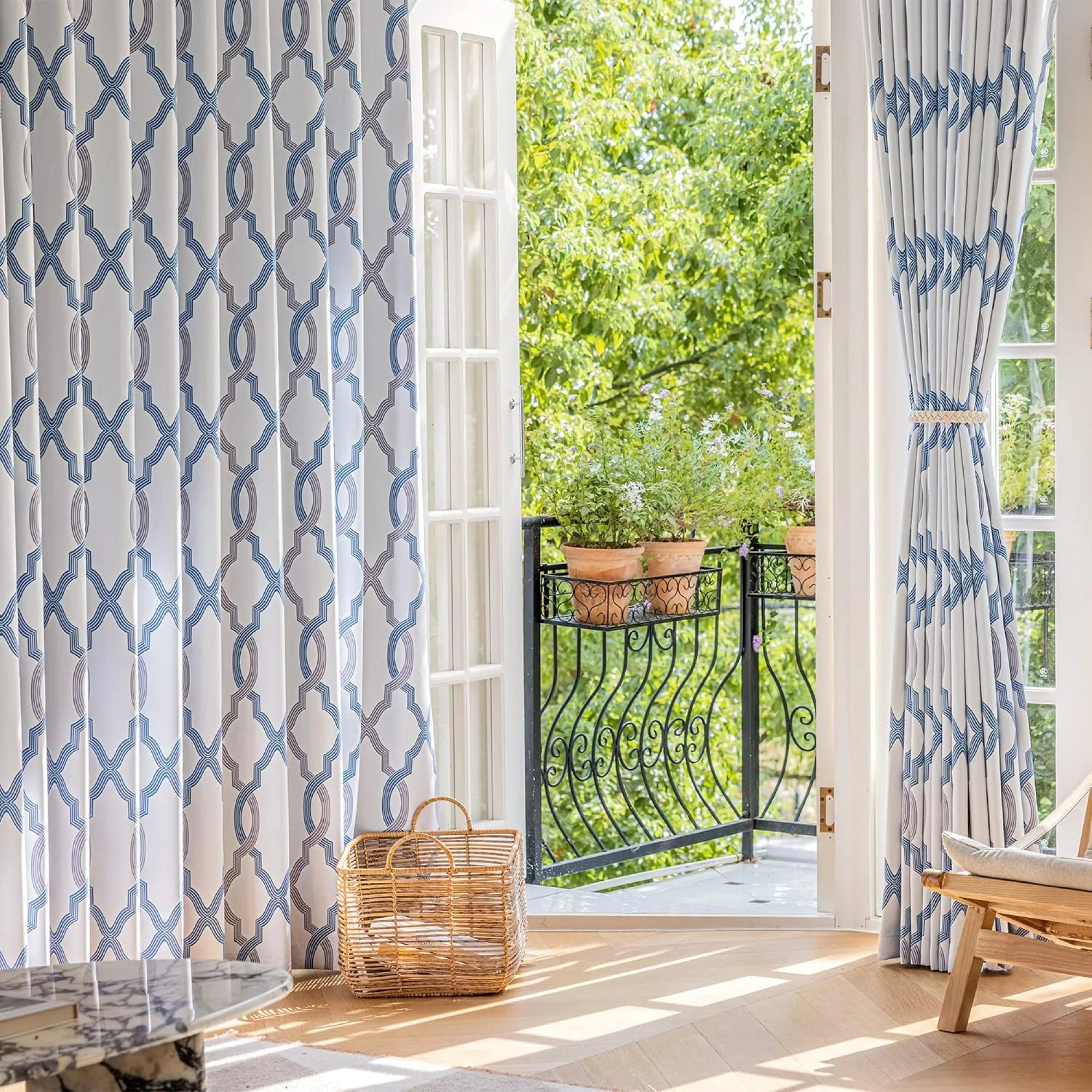 Blue White Geometric Blackout Curtain Panel, Back Tab, 52"x 84"x 2 P8931